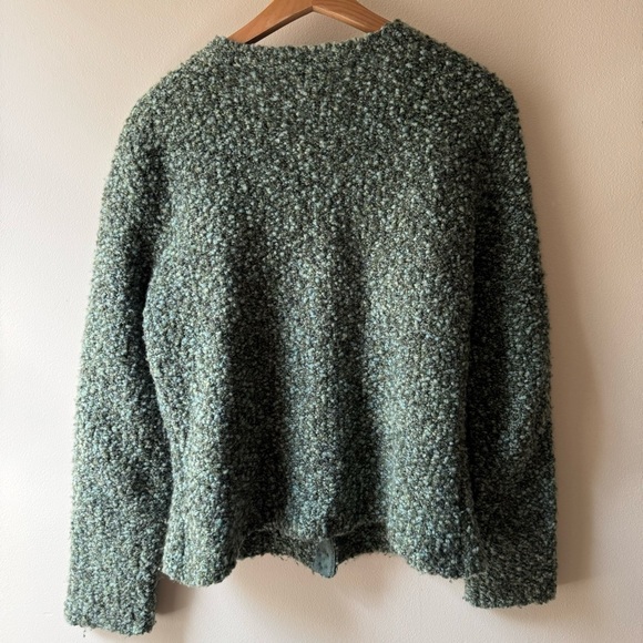 TALBOTS wool blend short cardigan snap-front, olive + aqua green boucle - Picture 3 of 9